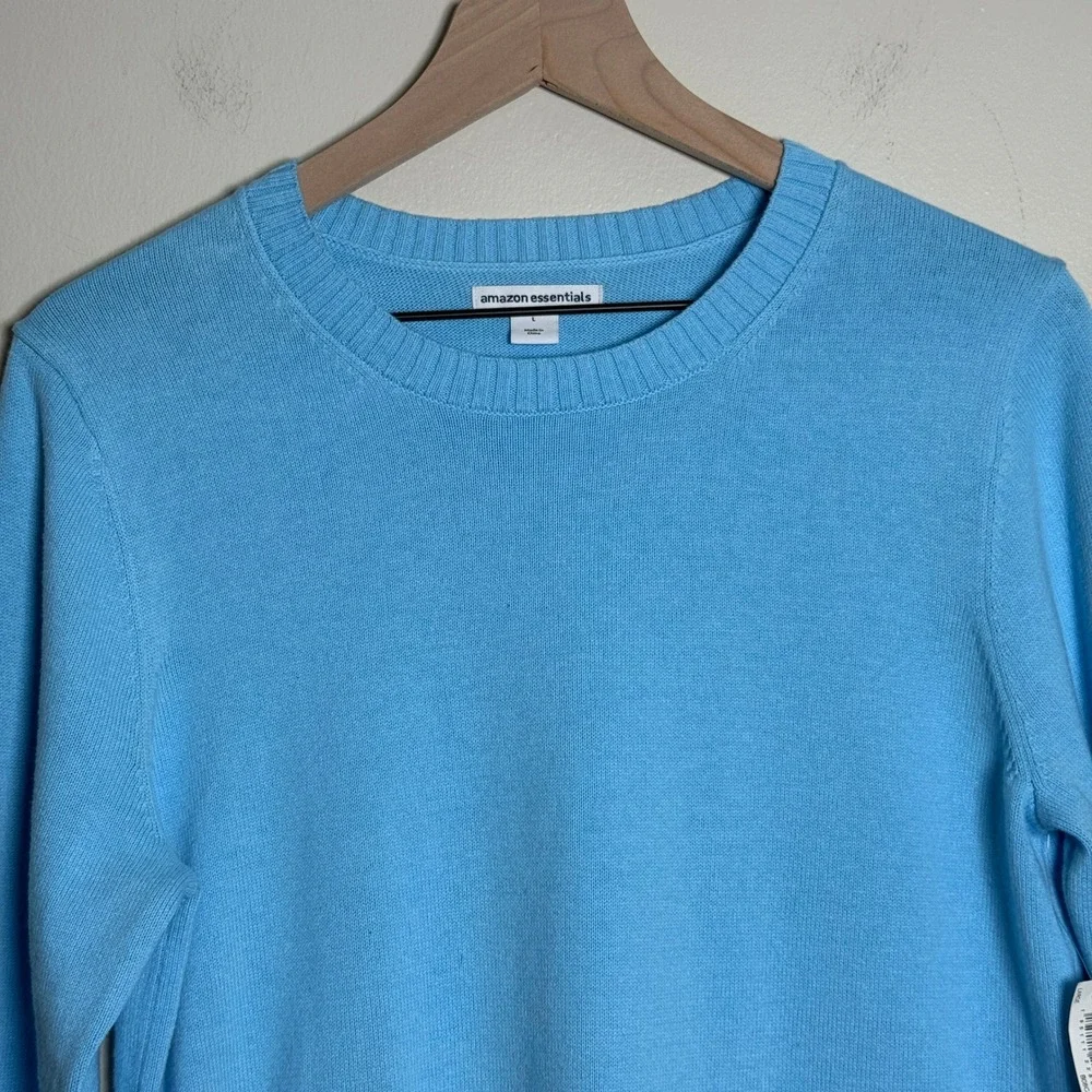 Amazon Essentials‎ NEW Womens Crewneck Sweater Large Sky Blue 100% Cotton Office